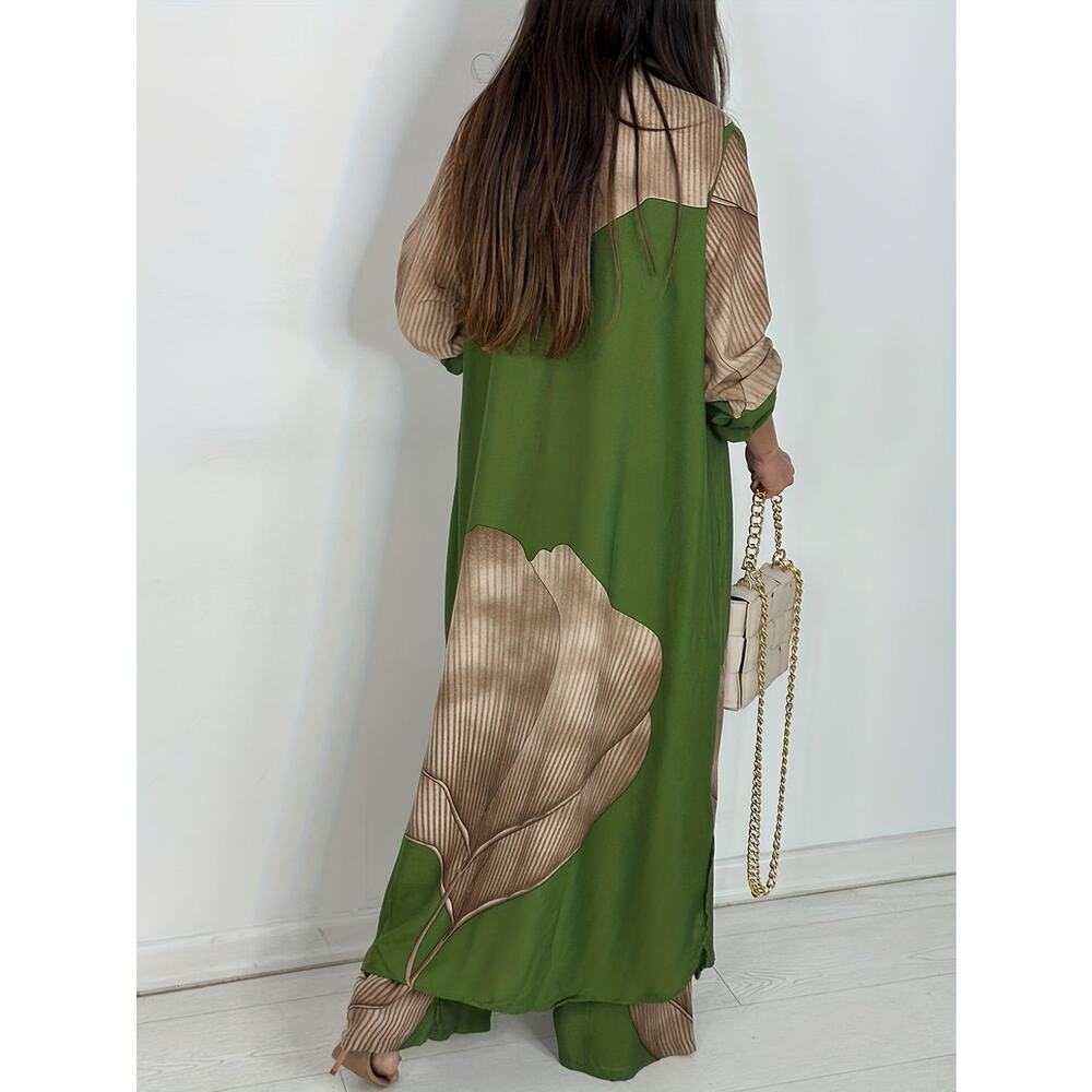Luxury Green Colorblock Satin Oversized Button-Down Shirt & Wide-Leg Pants - Picture 3 of 5